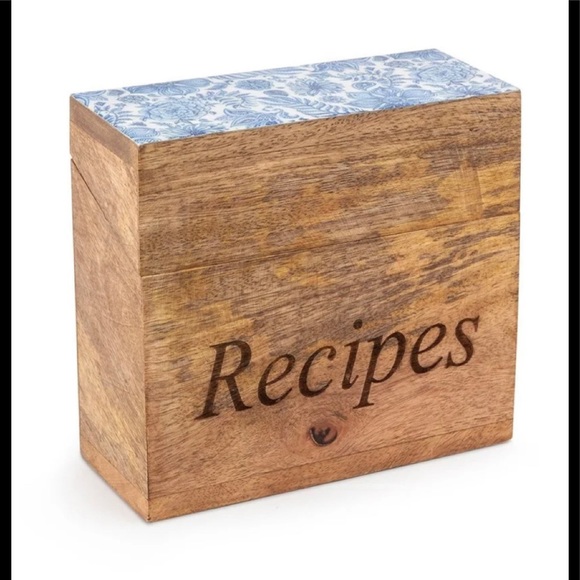 6" Blue and White "Recipes" Carved Decal Wood Recipe Box - Picture 1 of 8